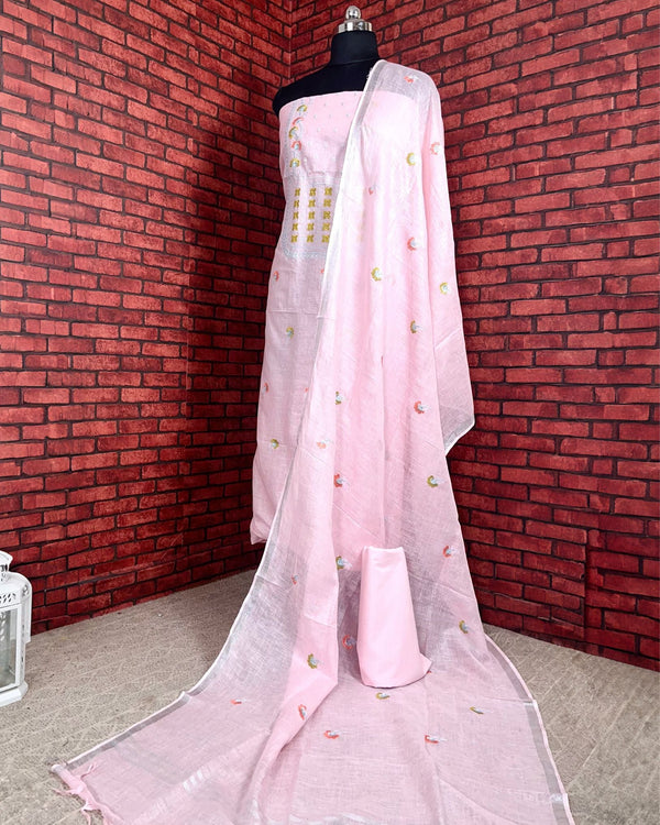 Indiehaat | Pure Linen Embroidered Suit Pink Color (Top+Dupatta) With Linen Bottom