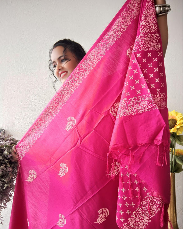 Katan Silk Handblock Printed Suit – Pink with Dupatta