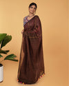 Sophisticated Pure Linen Kantha Work Saree Brown