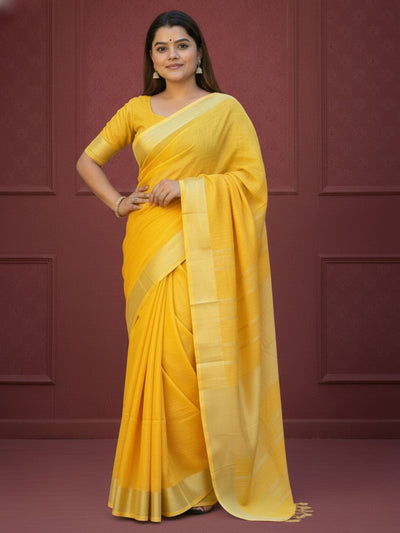 Melodic Handwoven Pure Linen Yellow Saree