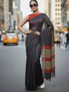 Bold Handwoven Pure Linen Gray Saree Striped Design