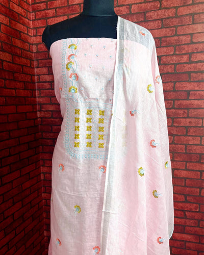 Indiehaat | Pure Linen Embroidered Suit Pink Color (Top+Dupatta) With Linen Bottom