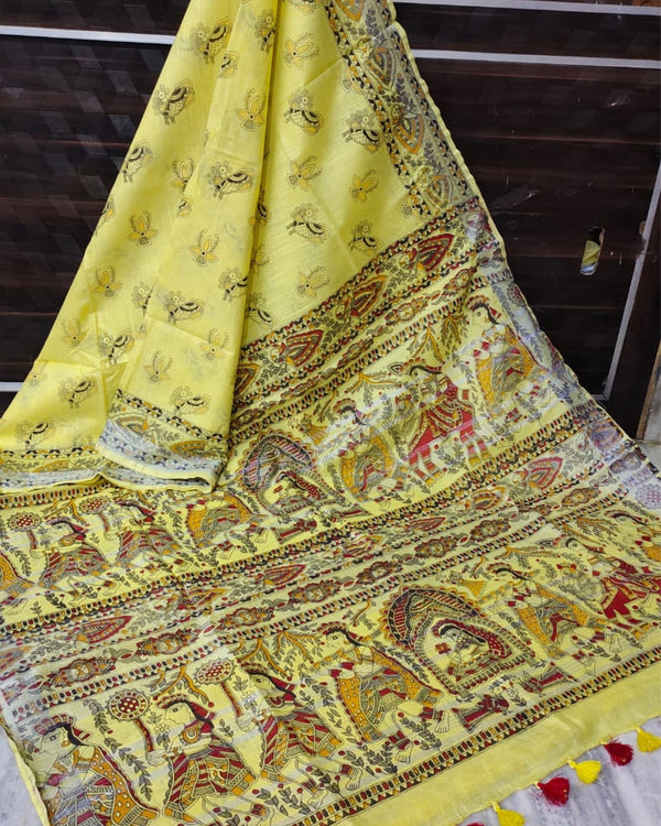 Indiehaat | Slub Linen Madhubani Yellow Saree