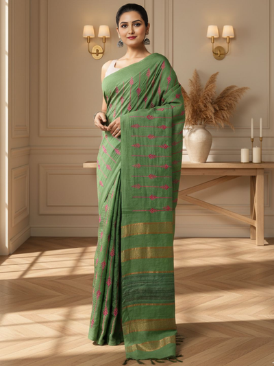 Timeless Eri Tussar Silk Embroidered Green Saree