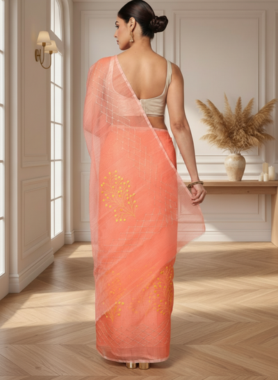 Bold Kota Doria Cotton Bel Embroidery Orange Saree Handdyed