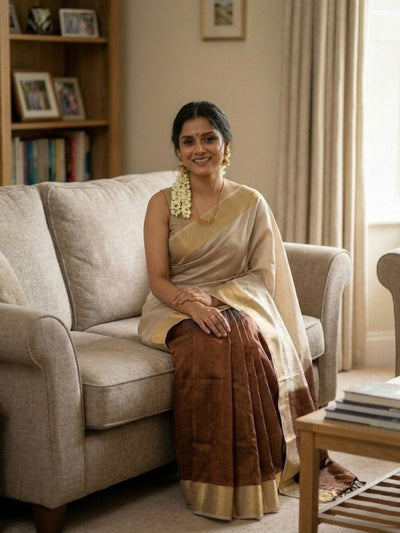 Indiehaat | Kota Silk Hand Dyed Saree Beige & Brown