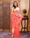 Fiery Kota Doria Cotton Bird Embroidery Red Saree Handdyed