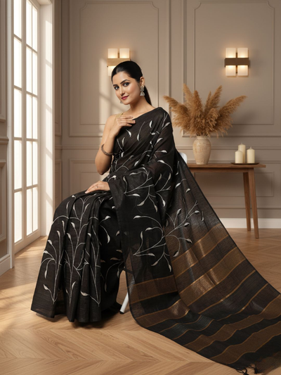 Glossy Eri Tussar Silk Embroidered Black Saree