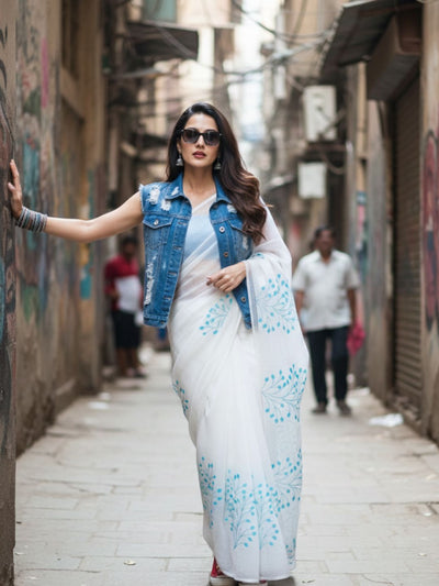 Kota Doria Embroidery White Saree with blouse Handcrafted-Indiehaat