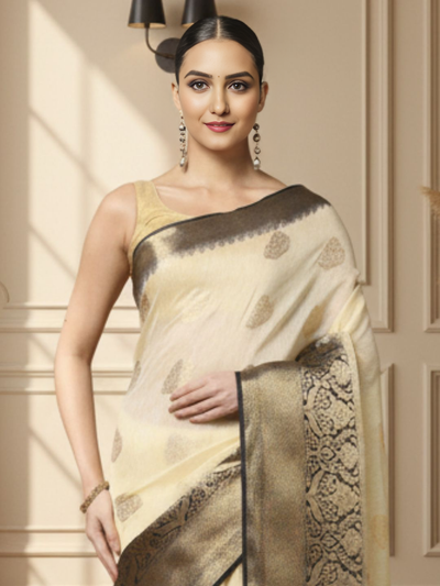 Silk Linen Weaving Design Jacquard Handloom Saree Cream Color with Running Blouse-Indiehaat