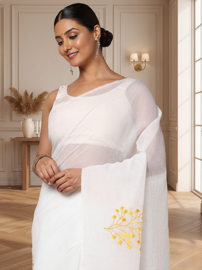 Kota Doria Cotton Bel Embroidery White Saree Handdyed