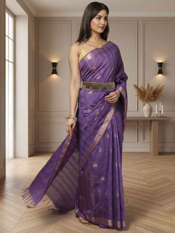 Gilded Hue Kota Silk Zari Stripe Saree Purple