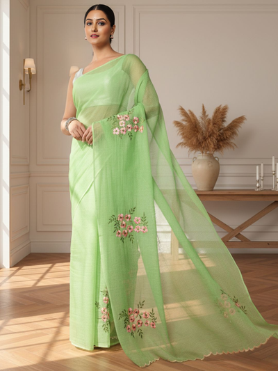 Earthy Kota Doria Green Pure Cotton Floral Embroidery Saree
