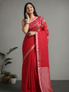 Creative Pure Linen Handloom Saree Red Hand Embroidered