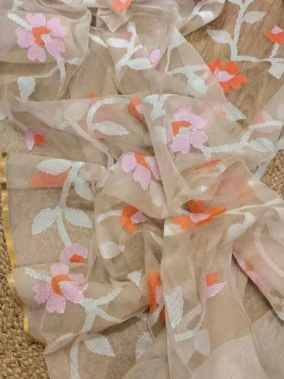 Indiehaat | Pure Muslin Silk Jamdani Saree Beige