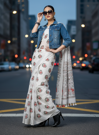 Azureish Slub Linen Saree White Handblock Print