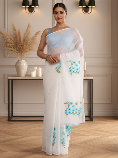 Classic Kota Doria White Pure Cotton Floral Embroidery Saree