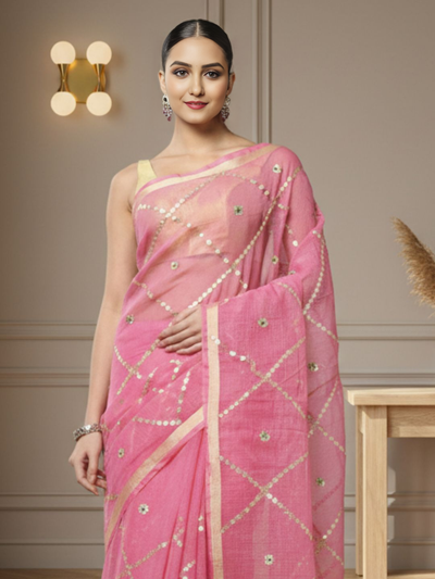 Pankhudi Gota Patti Pink Kota Cotton Saree