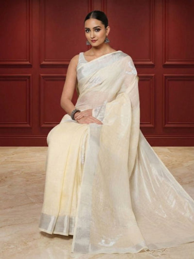 Vivid Pure Linen Embroidered Handloom Off White Saree
