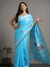 Decorous Pure Linen Floral Embroidered Blue Saree