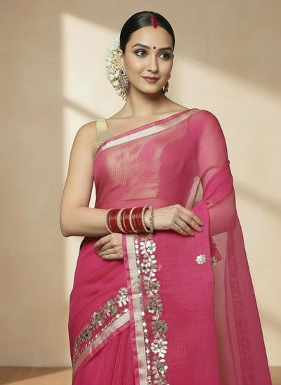 Gilded Grace Kota Cotton Gota Patti Pink Saree
