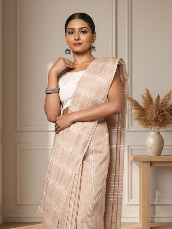 Bansbara Tussar Silk Kantha Handloom Saree Raffia Brown