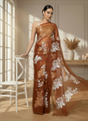 Embroidered Organza Pure Silk Brown Saree for Timeless Appeal | Indiehaat