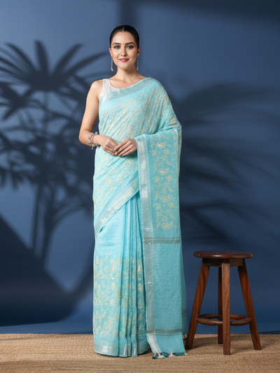 Adorable Pure Kota Linen Embroidery Saree Blue