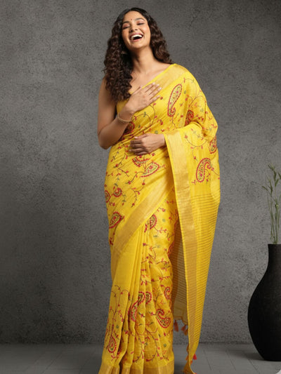 Captivating Silk Linen Embroidered Mustard Saree