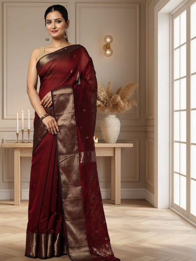 Poetic Maheshwari Pure Silk Butta Body Red Saree