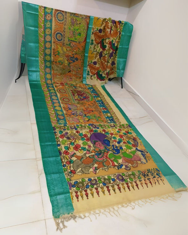 Indiehaat | Mangalagiri Handpainted Silk Saree Multicolor