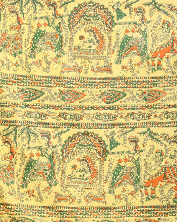 Katan Silk Suit Golden Yellow Color Madhubani Print - IndieHaat