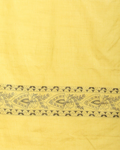 Katan Silk Suit Golden Yellow Color Madhubani Print - IndieHaat