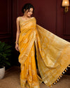 Slub Linen Batik Print Saree Mustard Yellow Color with running blouse - IndieHaat