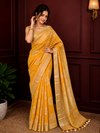 Slub Linen Batik Print Saree Mustard Yellow Color with running blouse - IndieHaat