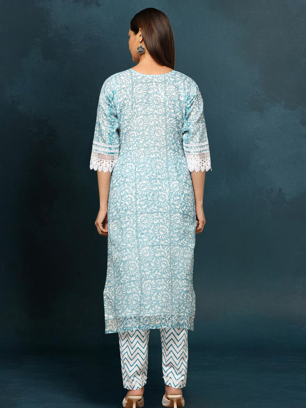 IndieHaat Kota Doria Blue Suit Handblock Print 3/4th Sleeve