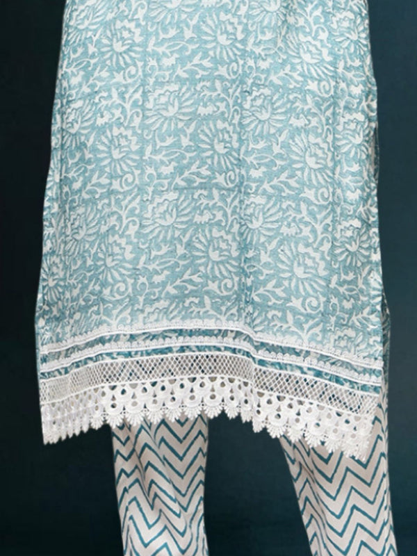 IndieHaat Kota Doria Blue Suit Handblock Print 3/4th Sleeve