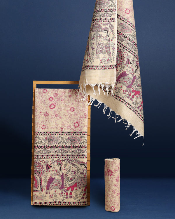 Vivid Madhubani Wax Batik Hand Dyed Khadi Silk Beige Suit