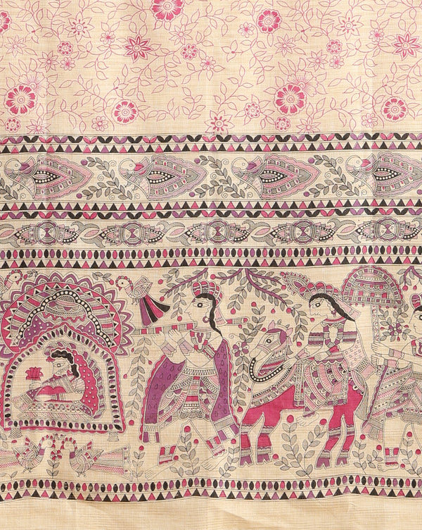 Vivid Madhubani Wax Batik Hand Dyed Khadi Silk Beige Suit