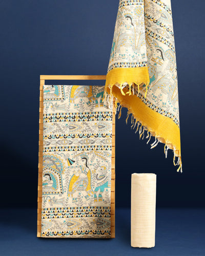 Bold Madhubani Wax Batik Hand Dyed Khadi Silk Beige Suit