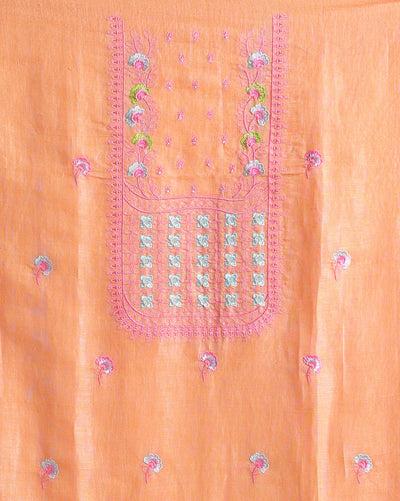 Indiehaat | Pure Linen Embroidered Suit Piece Peach Color (Top+Dupatta) With Linen Bottom