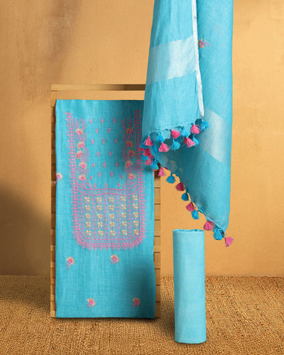 Gulmohar Pure Linen Embroidered Sky Blue Suit Piece