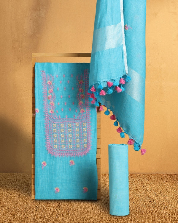 Gulmohar Pure Linen Embroidered Sky Blue Suit Piece