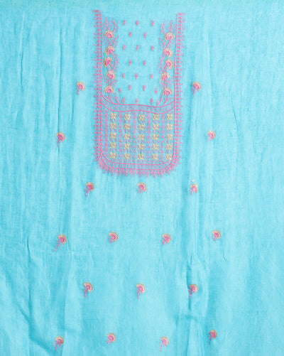 Indiehaat | Pure Linen Embroidered Suit Piece Sky Blue Color (Top+Dupatta) With Linen Bottom