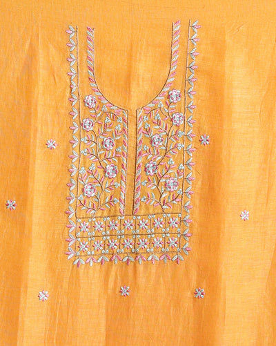 Indiehaat | Pure Linen Embroidered Suit Piece Mustard Yellow Color (Top+Dupatta) With Linen Bottom