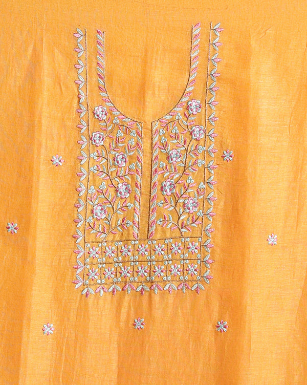 Indiehaat | Pure Linen Embroidered Suit Piece Mustard Yellow Color (Top+Dupatta) With Linen Bottom