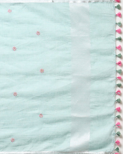 Indiehaat | Pure Linen Embroidered Suit Piece Pastel Green Color (Top+Dupatta) With Linen Bottom