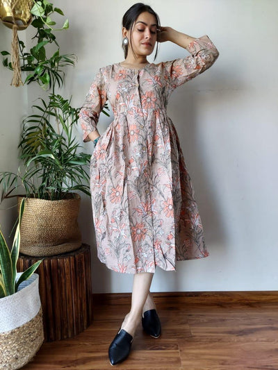 Modern Blockprinted Cotton Light Brown Long Dress (Last Piece Available)