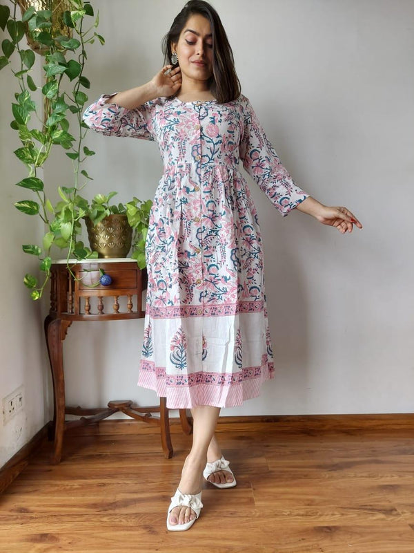 Indiehaat | Cotton Long One Piece Dress White Color Bagru Hand Printed Size 36 to 46