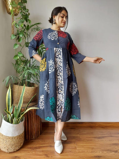 Evocative Blockprinted Cotton Blue Long Dress (Last Piece Available)